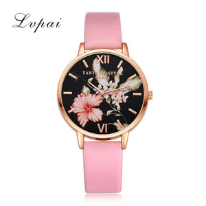 Lvpai Brand Women Bracelet Watch Fashion Rose Gold Flowers Leather Simple Women Dress Watches Luxury Business Gift Clock Watch