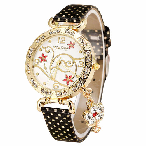 2018 New Women Watch Bracelets Vintage Retro Bracelet Watches Women Flower Rhinestone Ladies PU Leather Quartz Dress Wrist Watch